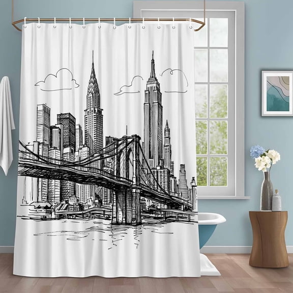 Black White Skyscraper Shower Curtain with Hooks, Modern Hand-drawn Style Industrial City Water Repellent Shower Curtains for Bathroom Decor Sturdy Shower Curtain, Machine Washable 54x78 Inch