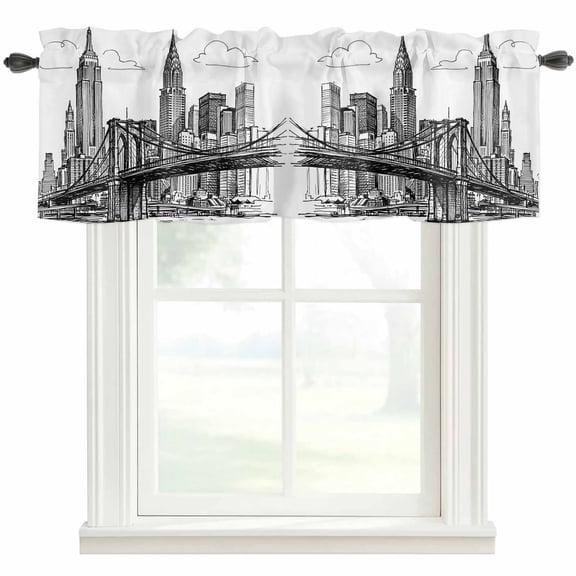 Black White Skyscraper Valances for Windows Modern Hand-drawn Style Industrial City Rod Pocket Curtain Valance Window Treatment Short Curtains for Kitchen Living Room, 60"x18"