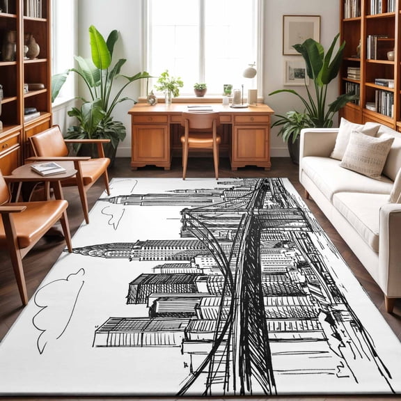 Black White Skyscraper Washable Area Rug 9 x 12 ft Modern Hand-drawn Style Industrial City, Soft Non Slip Rugs Stain Repellent Indoor Felt Carpet for Living Dining Room Bedroom Home Office