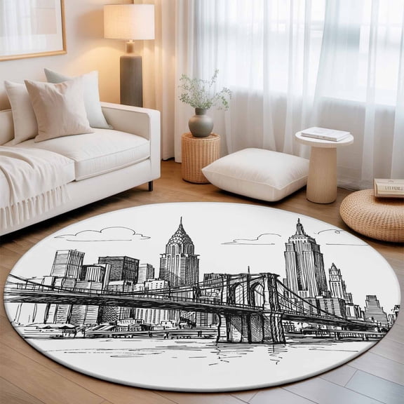 Black White Skyscraper Washable Round Area Rug 3 ft, Modern Hand-drawn Style Industrial City, Soft Non Slip Rugs Stain Repellent Indoor Felt Carpet for Living Dining Room Bedroom Home Office