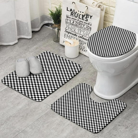 Black and White Small Checkered Pattern Bathroom Rugs Sets 3 Piece,Toilet Cover Set,Absorbent Non Slip Bathroom Mats Sets with U-Shaped Contour Rug Toilet Rug Set