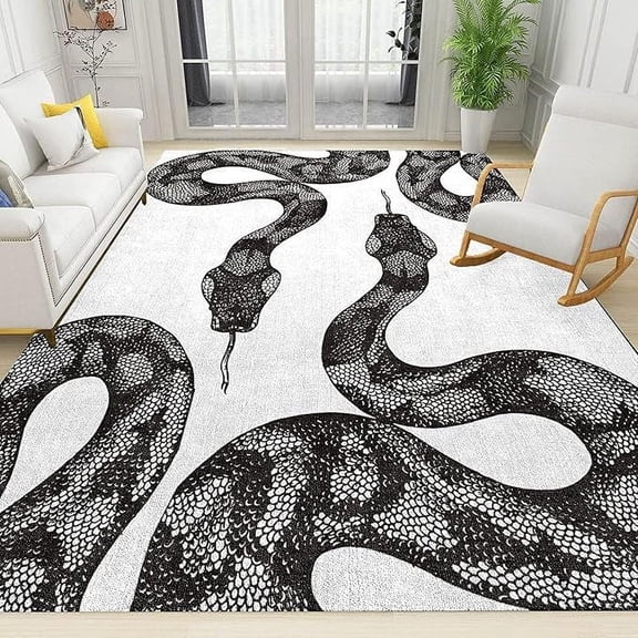 Black White Snake Area Rugs, Snake Retro Aesthetics Soft Washable Carpet, Upholstery Rug With Non-Slip Backing For Kids Boys Girls Bedroom Living Room Dining Room Study 3 x 4ft