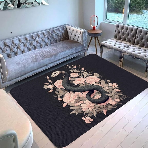 Black and White Snake and Flowers Area Rug - Snake Non-Slip Black Rugs Floor Mat Washable Soft Floor Carpet for Living Room Absorbent Round Yoga Mat Rectangle Area Rug