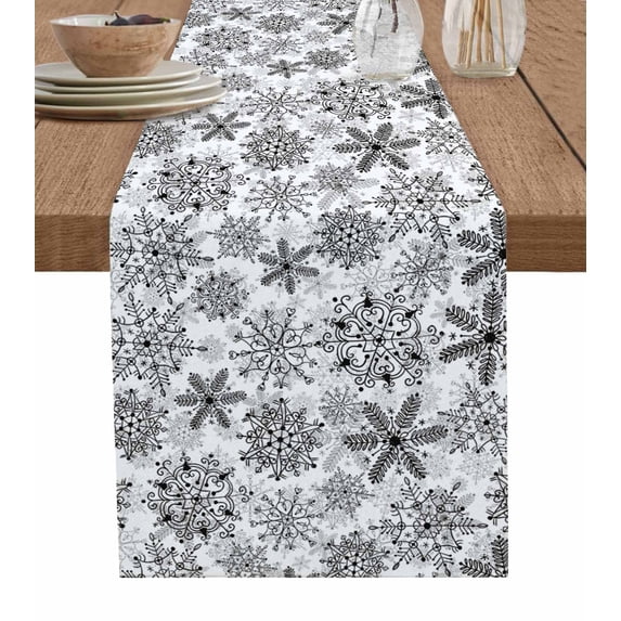 Black White Snowflake Christmas Burlap-Cotton Table Runner 70 Inches Long,Xmas Snowflake Vintage Farmhouse Table Runners,Outdoor Dining Tablecloths Decor for Baby Shower Party Wedding 13x70
