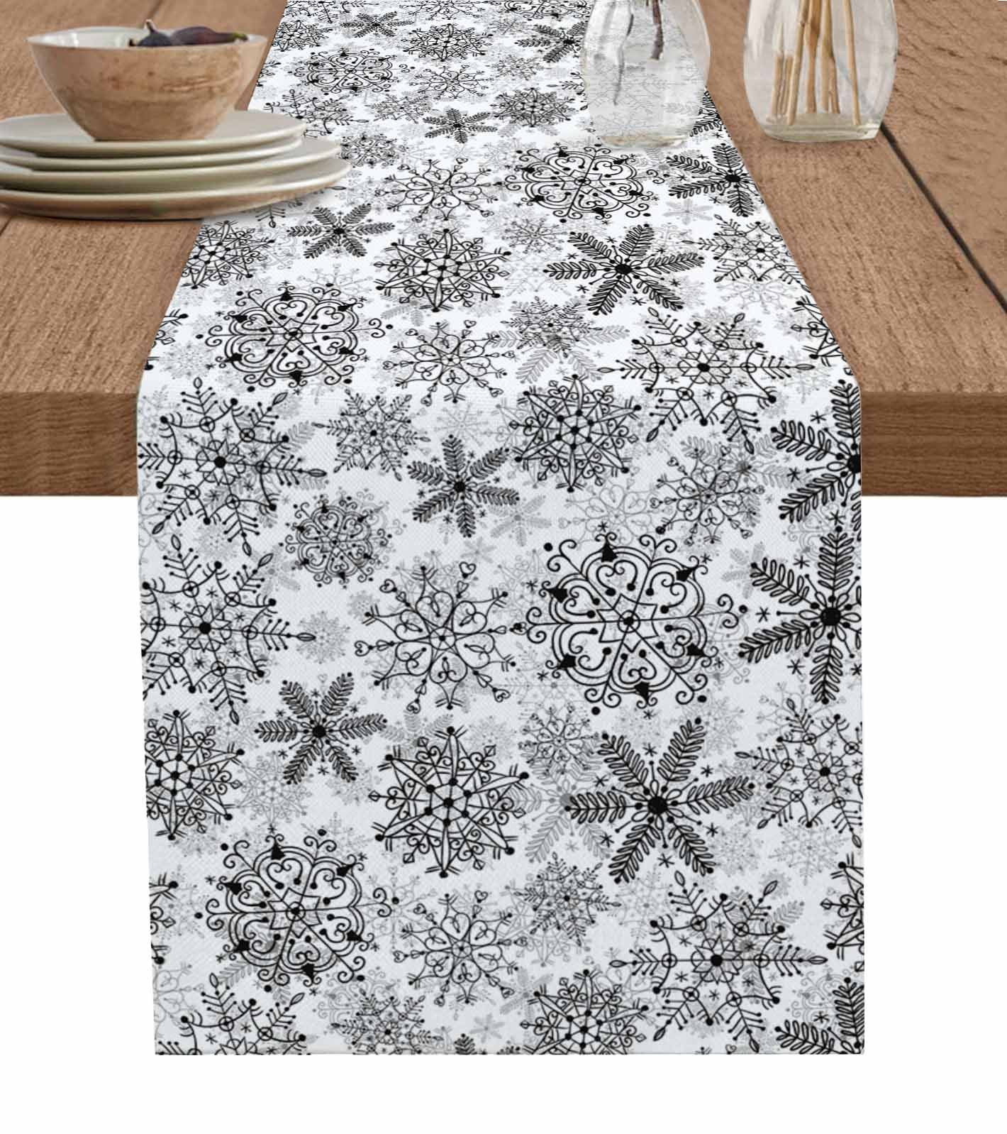 Black White Snowflake Christmas Burlap-Cotton Table Runner 72 Inches Long,Xmas Snowflake Vintage Farmhouse Table Runners,Outdoor Dining Tablecloths Decor for Baby Shower Party Wedding 18x72
