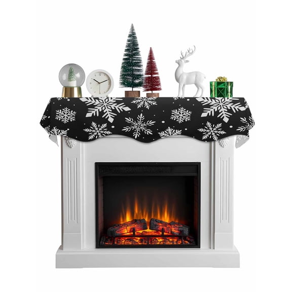 Black White Snowflake Christmas Mantel Scarf Fireplace Decorations for Living Room, Winter Xmas Snowflakes Fireplace Mantel Scarf Cover Runner for Halloween/Thanksgiving/Christmas Decor 70"x17"