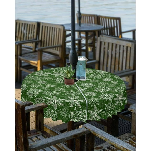 Black White Snowflake Christmas Outdoor Tablecloth - 60x120 Inch Rectangle Dining Table Cover, Xmas Snowflake Vintage Waterproof Outdoor Table Cloth with Umbrella Hole & Zipper for Patio