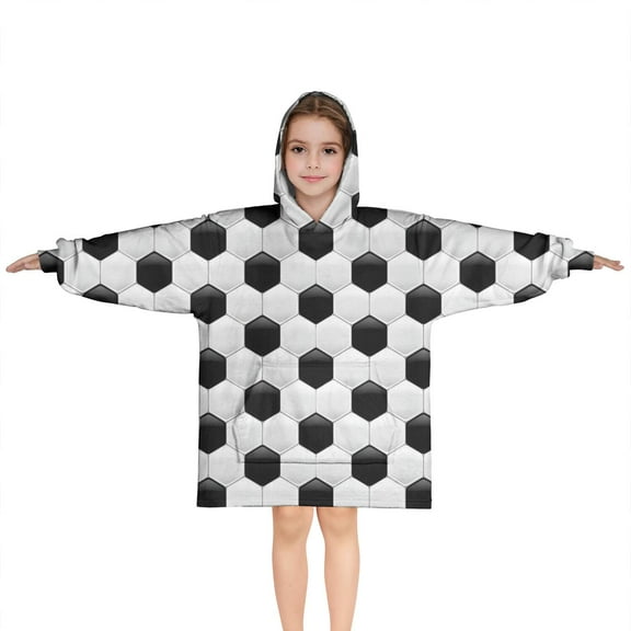 Black White Soccer Pattern Blanket Hoodies for Kids 6-13YR Oversize Wearable Blanket Hoodies for Boys Girls Teens