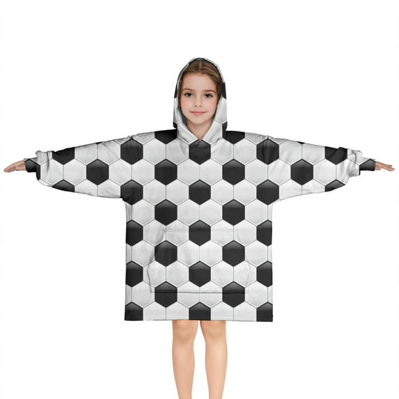 Black White Soccer Pattern Blanket Hoodies for Kids 6-13YR Oversize Wearable Blanket Hoodies for Boys Girls Teens