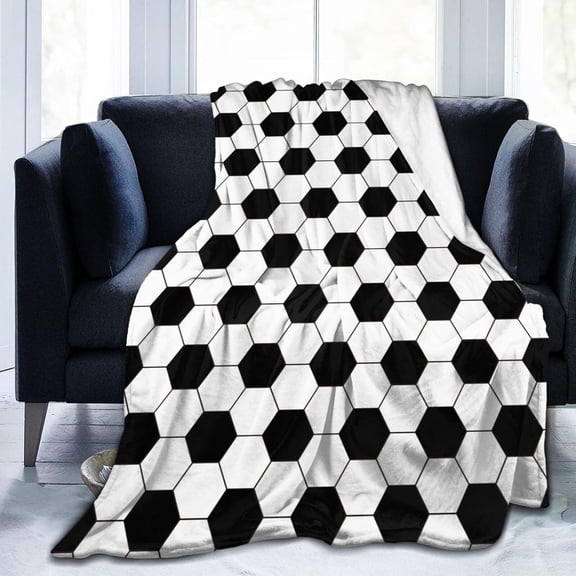 Black White Soccer Sport Ball Theme Throw Blanket Soft Bed Bedding Warm Cozy Plush Flannel Fleece Blankets Gifts for Kids Boys Teens, Sofa Couch Bedroom Home Decor, 50"x40"