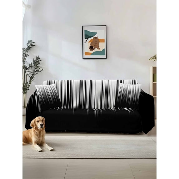 Black White Sofa Covers for 2-3 Cushion Couch L-Shaped Sectional, Modern Geometric Abstract Gradient Striped Washable Sofa Covers Slipcover for Living Room Furniture, Couch Cover Blanket 71"x134"