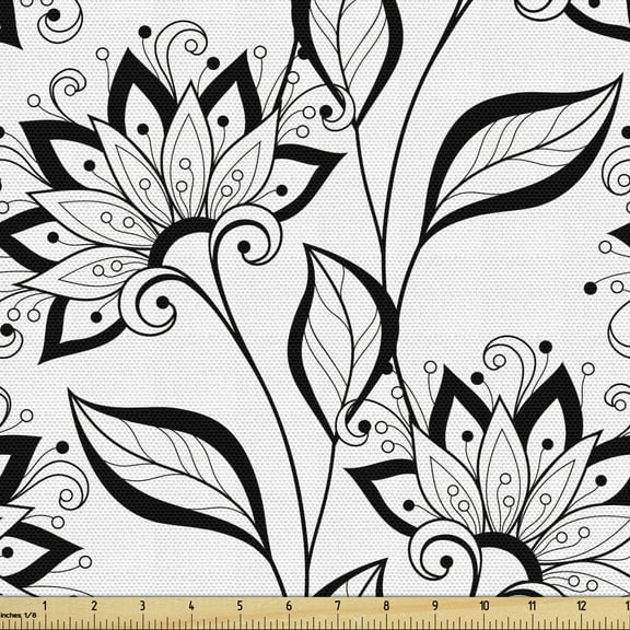 Ambesonne Black and White Fabric by the Yard Upholstery, Hand-drawn Floral, 3 Yards, Black and White