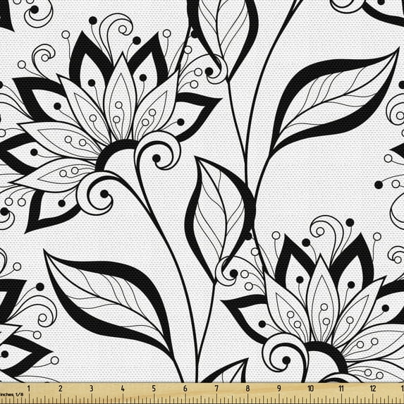 Ambesonne Black and White Fabric by the Yard Upholstery, Hand-drawn Floral, 1 Yard, Black and White