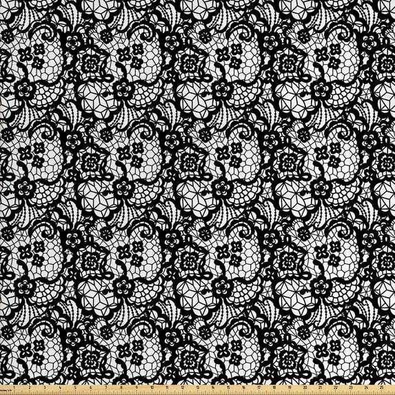 Ambesonne Black and White Fabric by the Yard Upholstery, Lacy Inspirations, 2 Yards, Black White