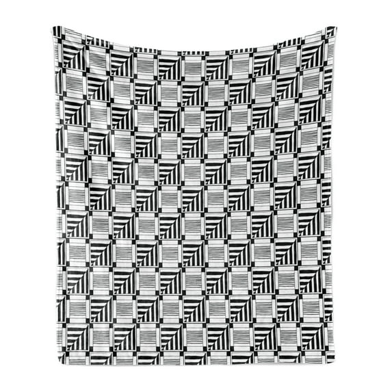 Black and White Soft Flannel Fleece Blanket, Abstract Composition of Monochrome Geometric Shapes Pattern Grid Squares, Cozy Plush for Indoor and Outdoor Use, 50" x 70", Black White, by Ambesonne