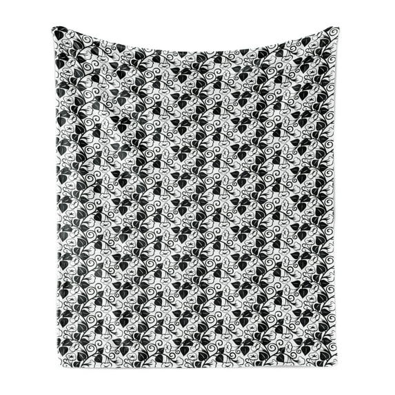 Black and White Soft Flannel Fleece Blanket, Abstract Monochrome Morning Glory Flourish Contrast Botanical Silhouettes, Cozy Plush for Indoor and Outdoor Use, 50" x 70", Black White, by Ambesonne