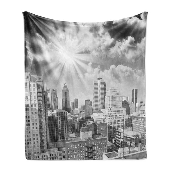 Black and White Soft Flannel Fleece Blanket, Aerial View Montreal Canada Cityscape with Skyscrapers Architecture, Cozy Plush for Indoor and Outdoor Use, 50" x 60", Black White Grey, by Ambesonne