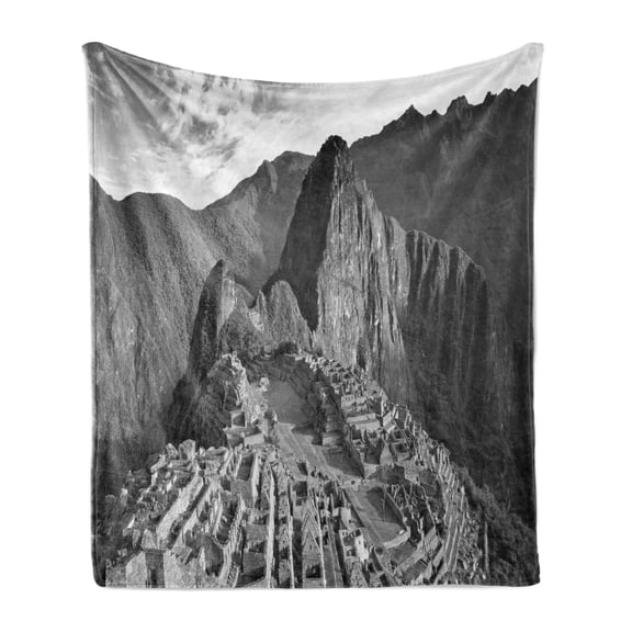 Black and White Soft Flannel Fleece Blanket, Aerial View of Peru Village Architectural Landmark Buildings Day Time, Cozy Plush for Indoor and Outdoor Use, 50" x 60", Black and White, by Ambesonne