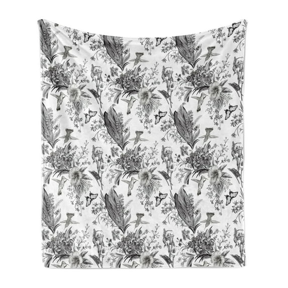 Black and White Soft Flannel Fleece Blanket, Amaryllises and Begonias Botanical Inspirations with Butterflies and Birds, Cozy Plush for Indoor and Outdoor Use, 60" x 80", Black White, by Ambesonne