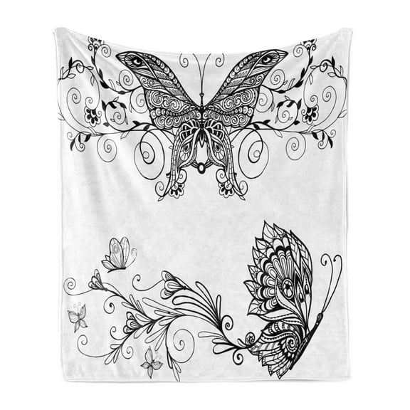 Black and White Soft Flannel Fleece Blanket, Butterfly with Floral Mandala Pattern Bohemian Design with Butterfly Wings, Cozy Plush for Indoor and Outdoor Use, 50" x 70", Black White, by Ambesonne