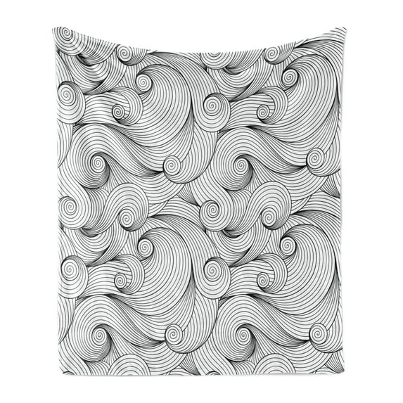 Black and White Soft Flannel Fleece Blanket, Doodle Design Abstract Curled Waves Pattern Asymmetrical Spirals Theme, Cozy Plush for Indoor and Outdoor Use, 50" x 60", Black and White, by Ambesonne