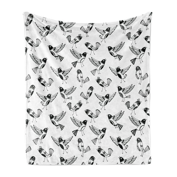 Black and White Soft Flannel Fleece Blanket, Doodle Style Sketch Childrens Cartoon Birds with Funny Curious Expressions, Cozy Plush for Indoor and Outdoor Use, 50" x 60", Black White, by Ambesonne