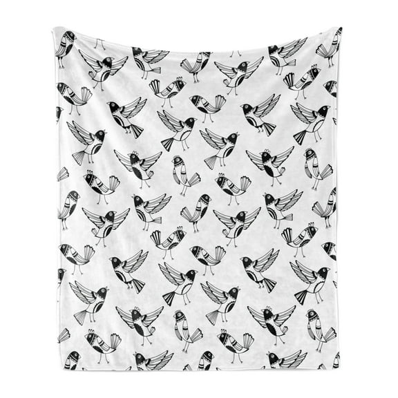 Black and White Soft Flannel Fleece Blanket, Doodle Style Sketch Childrens Cartoon Birds with Funny Curious Expressions, Cozy Plush for Indoor and Outdoor Use, 70" x 90", Black White, by Ambesonne