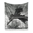 thumbnail image 1 of Black and White Soft Flannel Fleece Blanket, Eiffel Tower with Blossoming Trees Historical Paris Famous Landmark France, Cozy Plush for Indoor and Outdoor Use, 50" x 60", Blue Grey, by Ambesonne, 1 of 6