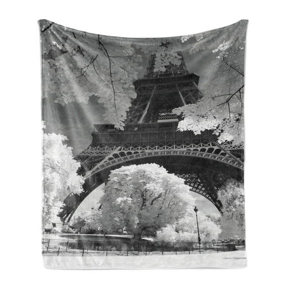 Black and White Soft Flannel Fleece Blanket, Eiffel Tower with Blossoming Trees Historical Paris Famous Landmark France, Cozy Plush for Indoor and Outdoor Use, 60" x 80", Blue Grey, by Ambesonne