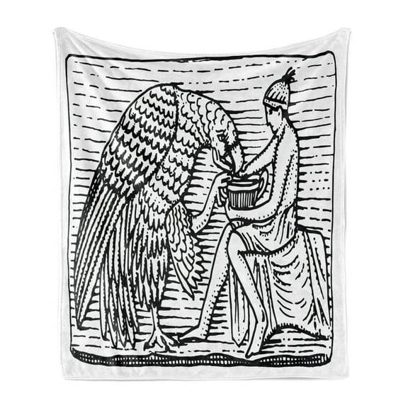 Black and White Soft Flannel Fleece Blanket, Hand Drawn Greek Scene with Giant Eagle Woodcut Monochromatic Sketch, Cozy Plush for Indoor and Outdoor Use, 50" x 60", White and Black, by Ambesonne