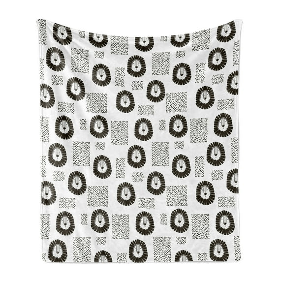 Black and White Soft Flannel Fleece Blanket, Lion with Dotted Rectangle Pattern Hand Drawn Monochrome Illustration, Cozy Plush for Indoor and Outdoor Use, 60" x 80", Black and White, by Ambesonne