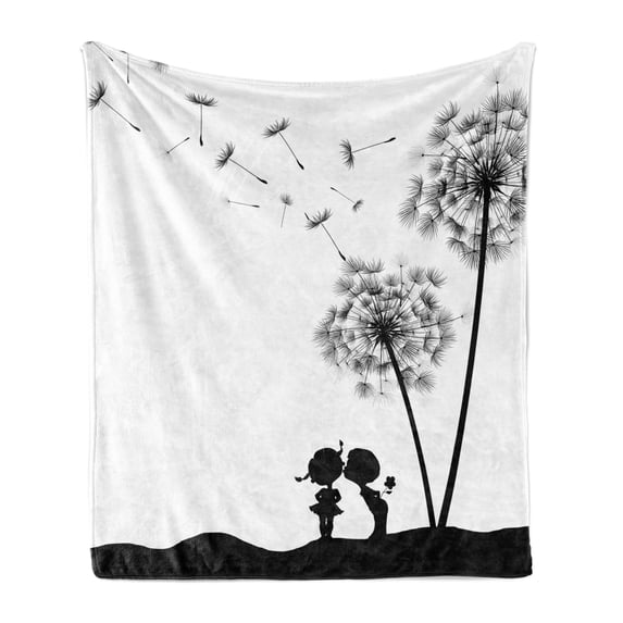 Black and White Soft Flannel Fleece Blanket, Little Boy and Girl Silhouette Under a Dandelion Monochrome Spring, Cozy Plush for Indoor and Outdoor Use, 50" x 70", Charcoal Grey White, by Ambesonne