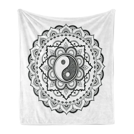 Black and White Soft Flannel Fleece Blanket, Mandala Flower Petals Composition with Harmonious Nature Themed Motif, Cozy Plush for Indoor and Outdoor Use, 60" x 80", Black and White, by Ambesonne