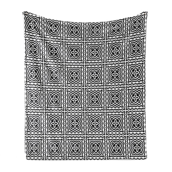 Black and White Soft Flannel Fleece Blanket, Monochrome Abstract Floral Repeating Motifs in Square Shape with Waves, Cozy Plush for Indoor and Outdoor Use, 70" x 90", Black and White, by Ambesonne