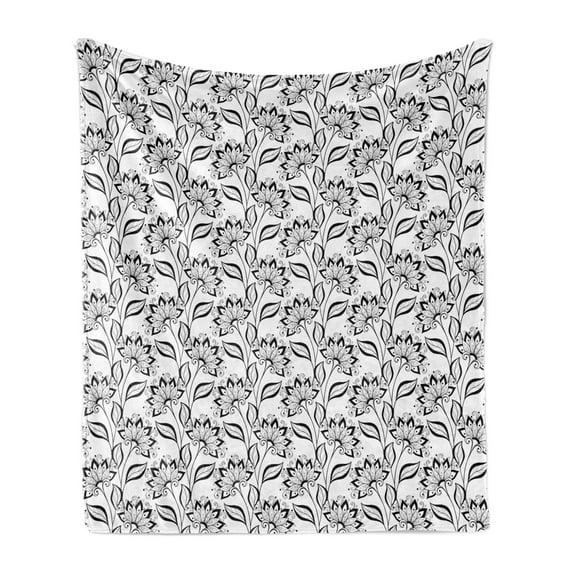 Black and White Soft Flannel Fleece Blanket, Monochrome Floral Composition in Hand-drawn Style with Curly Details, Cozy Plush for Indoor and Outdoor Use, 50" x 60", Black and White, by Ambesonne