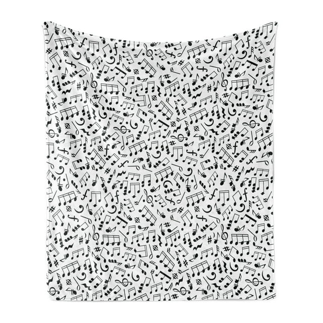 Black and White Soft Flannel Fleece Blanket, Musical Composition with Notes Quavers Chords Treble Clefs Sheet Elements, Cozy Plush for Indoor and Outdoor Use, 50" x 60", Black White, by Ambesonne