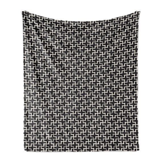 Black and White Soft Flannel Fleece Blanket, Plus Signs Abstract Pattern Geometric Tile Ornament in Contrasting Colors, Cozy Plush for Indoor and Outdoor Use, 50" x 70", Black White, by Ambesonne
