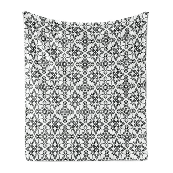 Black and White Soft Flannel Fleece Blanket, Portuguese Azulejo Tiles Pattern with Monochrome Flowers European Design, Cozy Plush for Indoor and Outdoor Use, 60" x 80", Black White, by Ambesonne