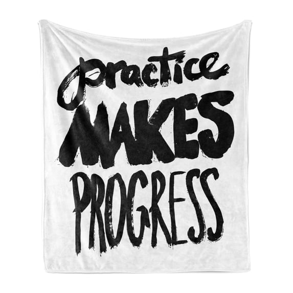 Black and White Soft Flannel Fleece Blanket, Practice Makes Progress Phrase for Motivation and Hardwork Life Philosophy, Cozy Plush for Indoor and Outdoor Use, 70" x 90", Black White, by Ambesonne