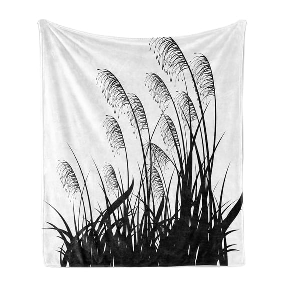 Black and White Soft Flannel Fleece Blanket, Silhouette of Bushes Wild Plants Wheat Field Twiggy Herbs Seasonal Picture, Cozy Plush for Indoor and Outdoor Use, 50" x 70", White Black, by Ambesonne