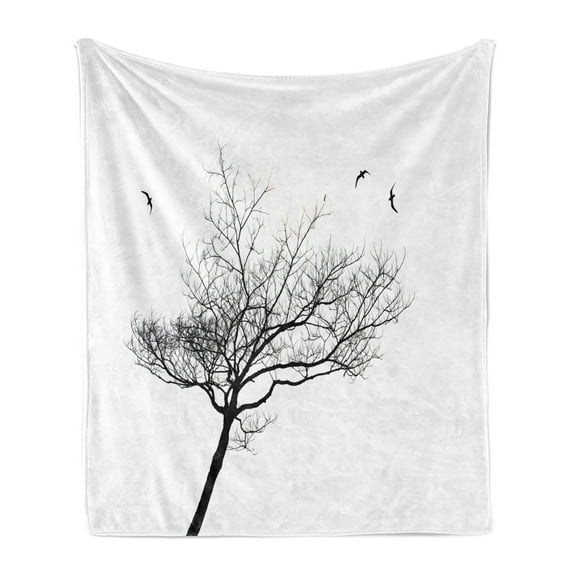 Black and White Soft Flannel Fleece Blanket, Silhouette of a Tree and Flying Birds Simple Minimalistic Design Artwork, Cozy Plush for Indoor and Outdoor Use, 60" x 80", Black White, by Ambesonne