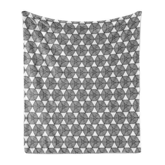 Black and White Soft Flannel Fleece Blanket, Triangles and Hexagons with Scribbles Sketch Monochrome Illustration, Cozy Plush for Indoor and Outdoor Use, 60" x 80", Black and White, by Ambesonne
