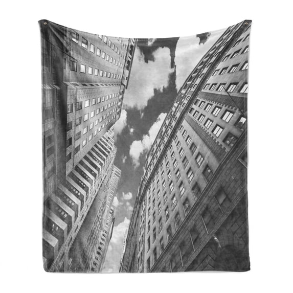 Black and White Soft Flannel Fleece Blanket, Urban Design Skyscrapers in Manhattan and the Cloudy Sky Digital Print, Cozy Plush for Indoor and Outdoor Use, 60" x 80", Black and White, by Ambesonne
