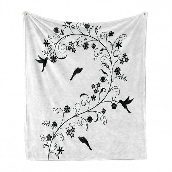 Black and White Soft Flannel Fleece Blanket, Victorian Curves Swirls with Bird Silhouettes Monochrome Flora and Fauna, Cozy Plush for Indoor and Outdoor Use, 50" x 70", Black White, by Ambesonne