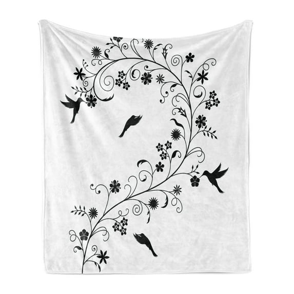 Black and White Soft Flannel Fleece Blanket, Victorian Curves Swirls with Bird Silhouettes Monochrome Flora and Fauna, Cozy Plush for Indoor and Outdoor Use, 60" x 80", Black White, by Ambesonne