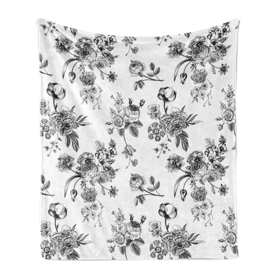 Black and White Soft Flannel Fleece Blanket, Vintage Floral Pattern Victorian Classic Royal Inspired New Modern Art, Cozy Plush for Indoor and Outdoor Use, 70" x 90", White and Black, by Ambesonne