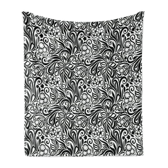Black and White Soft Flannel Fleece Blanket, Western Scroll Pattern Design with Classical Cheery Flourishing Blossoms, Cozy Plush for Indoor and Outdoor Use, 50" x 70", Black White, by Ambesonne
