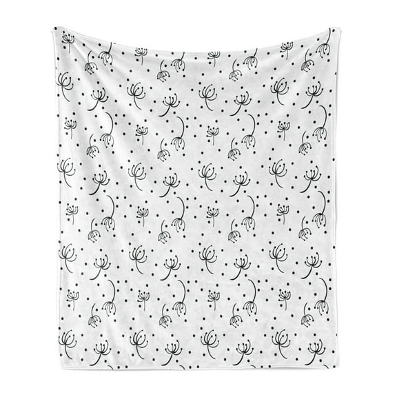 Black and White Soft Flannel Fleece Throw Blanket, Abstract Dandelions Flying in the Air Monochrome Curly Stems and Dots, Cozy Plush for Indoor and Outdoor Use, 50" x 60", Black White, by Ambesonne