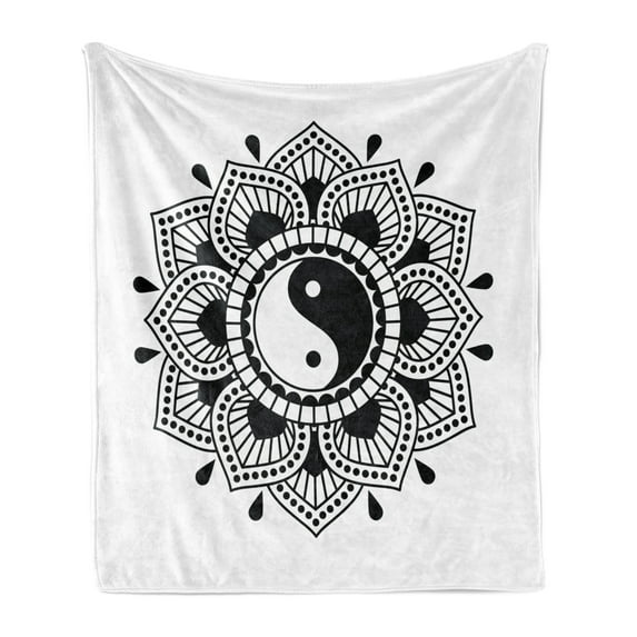 Black and White Soft Flannel Fleece Throw Blanket, Chinese Lotus Flower Inspired Graphic Mandala with Yin Yang, Cozy Plush for Indoor and Outdoor Use, 50" x 60", Black and White, by Ambesonne