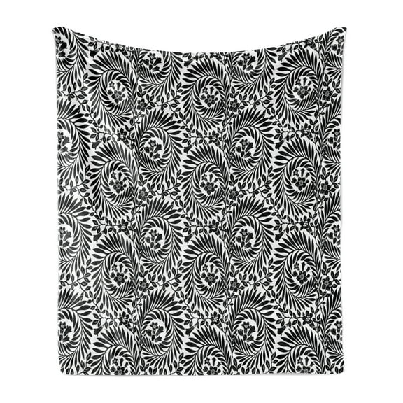 Black and White Soft Flannel Fleece Throw Blanket, Damask Inspired Floral Arrangement Foliate Motif Victorian Inspirations, Cozy Plush for Indoor and Outdoor Use, 70" x 90", Black White, by Ambesonne